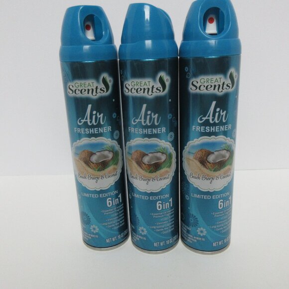 3 PK Great Scents Air Freshener Beach Breeze&Coconut 6 in 1 Limited Edition - Picture 1 of 4